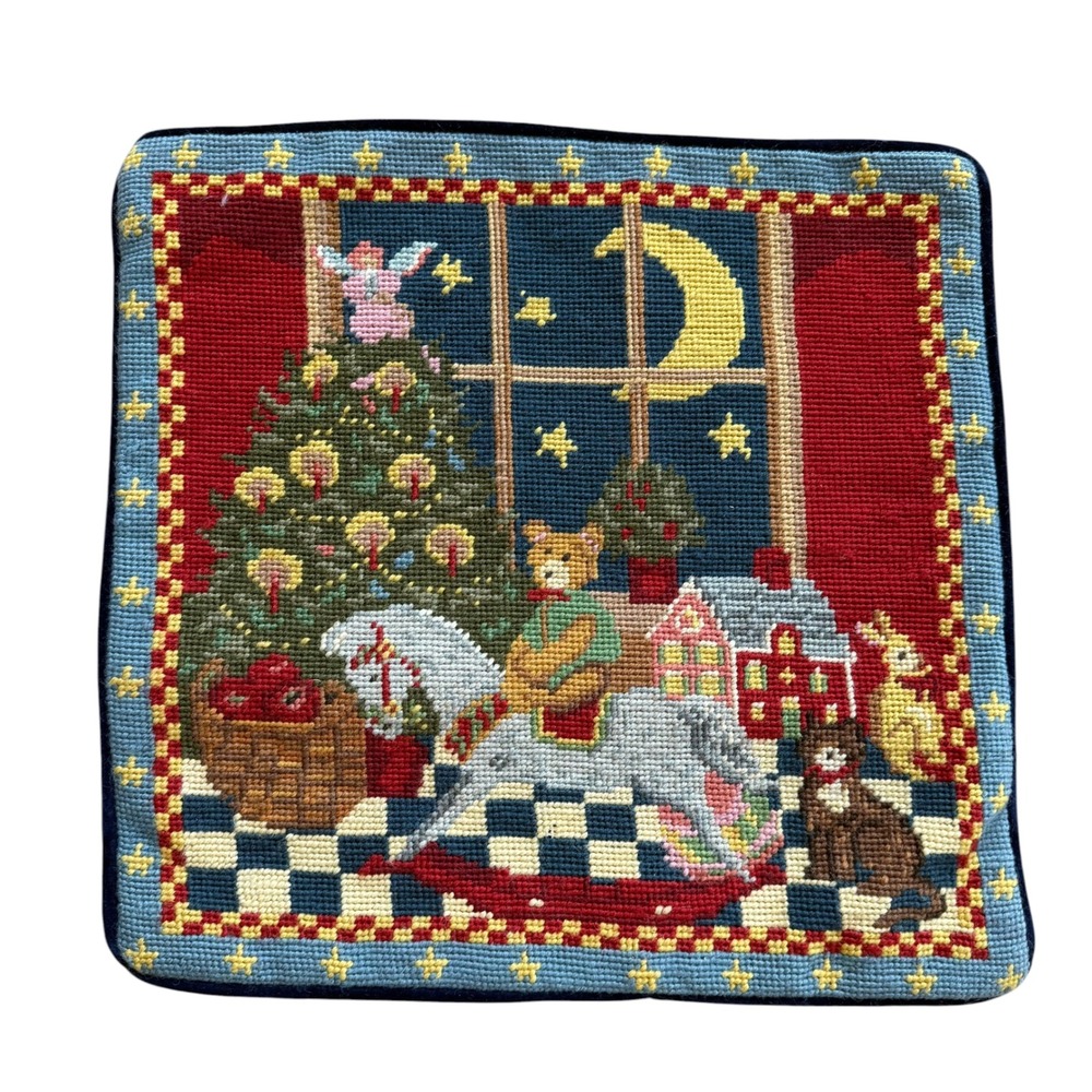 Vintage Needlepoint Christmas Pillow Cover Teddy‎ Bear Rocking Horse Navy Velvet